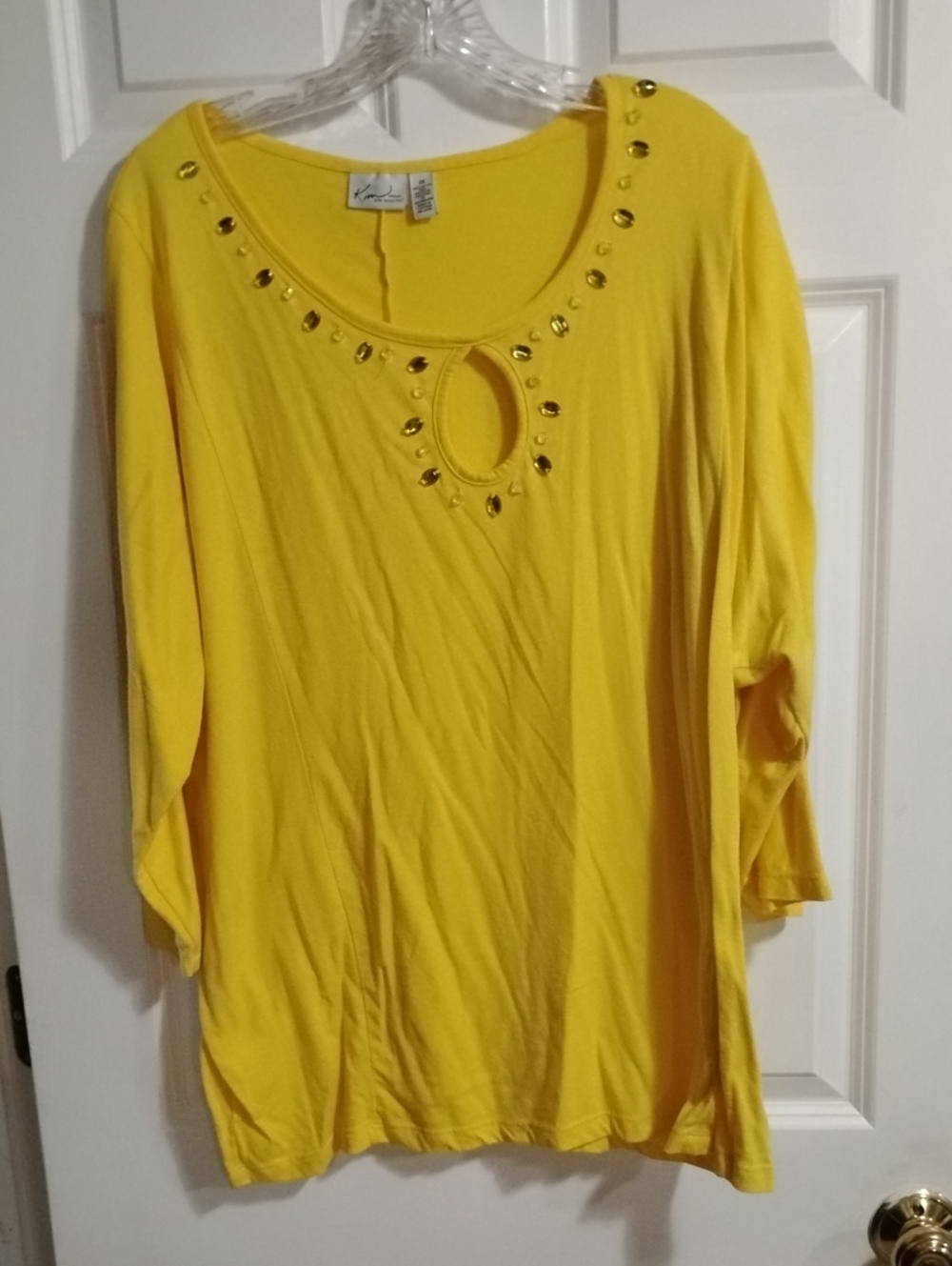 Kim Rogers Women's Yellow Long Sleeve Scoop Neck Top with Keyhole and Gold Studs